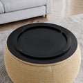 Round Storage Ottoman, Woven Rattan Fabric Ottoman, 2 In 1 Function, Work As End Table And Ottoman,With Small Seat Nature 25