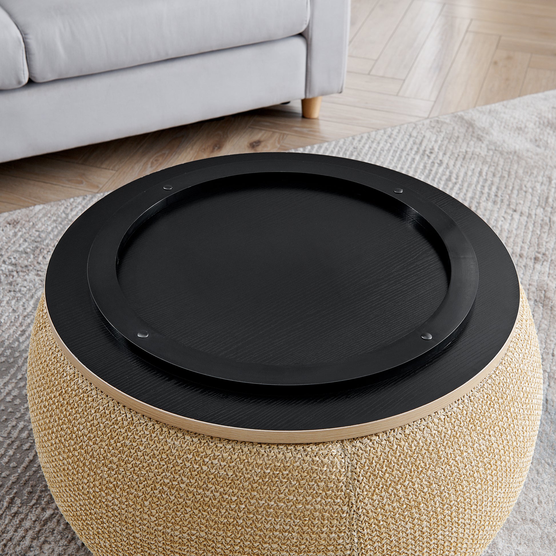 Round Storage Ottoman, Woven Rattan Fabric Ottoman, 2 In 1 Function, Work As End Table And Ottoman,With Small Seat Nature 25"X25"X14.7" Natural Foam