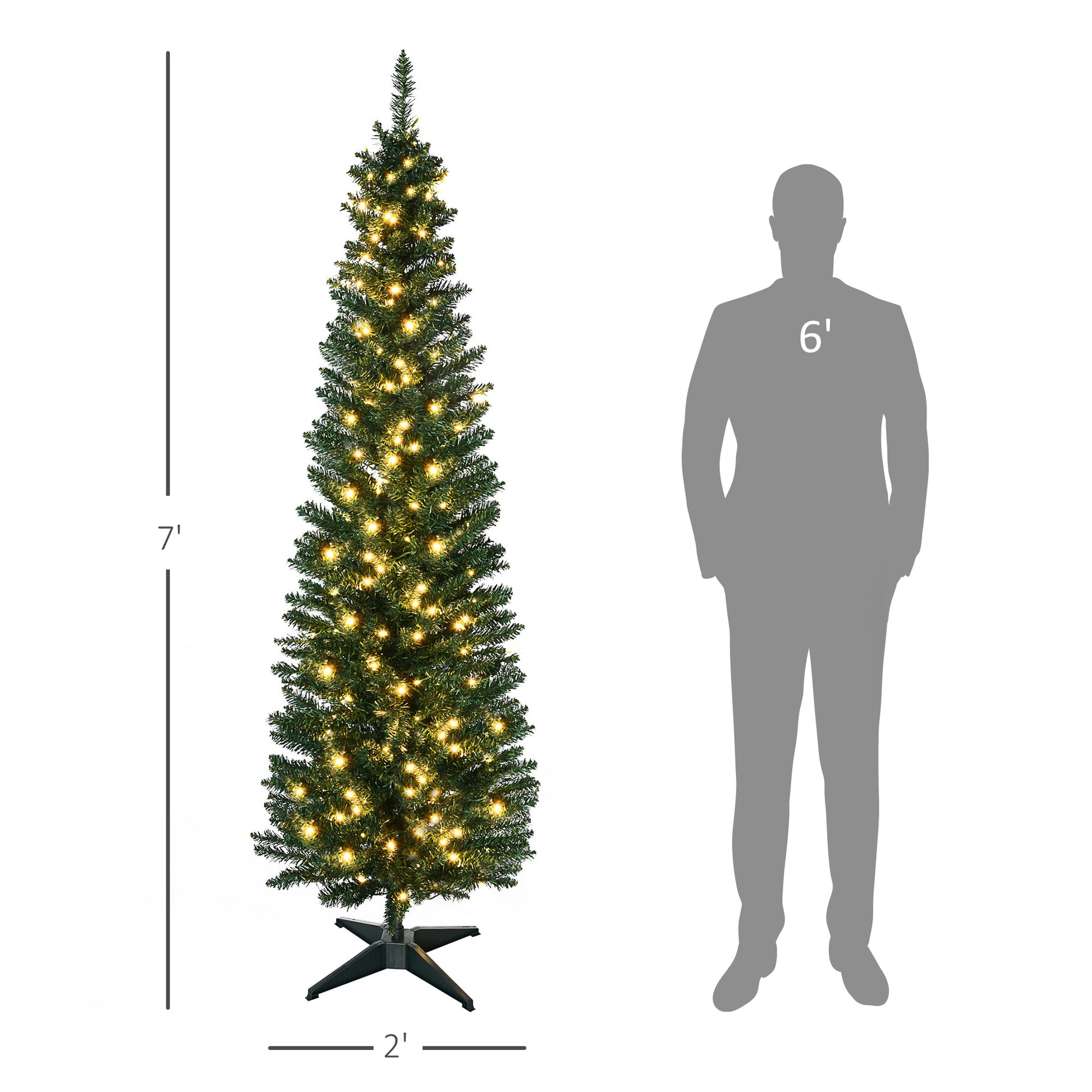 Homcom 7' Tall Pre Lit Slim Noble Fir Artificial Christmas Tree With Realistic Branches, 200 Warm White Led Lights And 499 Tips, Green Green Plastic