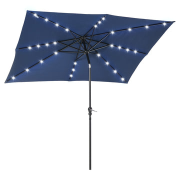 Outsunny 9' X 7' Solar Umbrella, Led Lighted Patio Umbrella For Table Or Base With Tilt & Crank, Outdoor Umbrella For Garden, Deck, Backyard, Pool, Beach, Blue Blue Steel