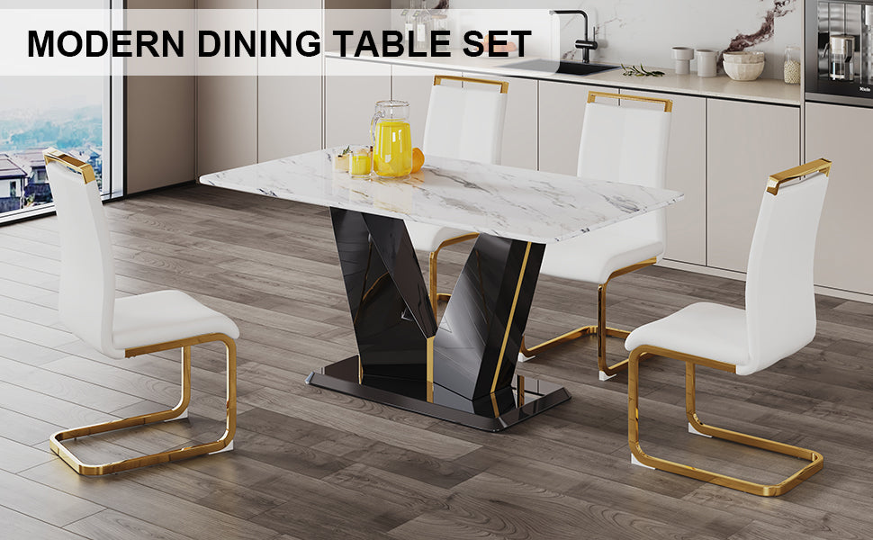 Table And Chair Set, White Imitation Marble Texture Glass Tabletop, Black Mdf Table Legs, Stable And Beautiful. Modern Simple Dining Table, Comfortable Seating. White Black Seats 4 Mdf Glass