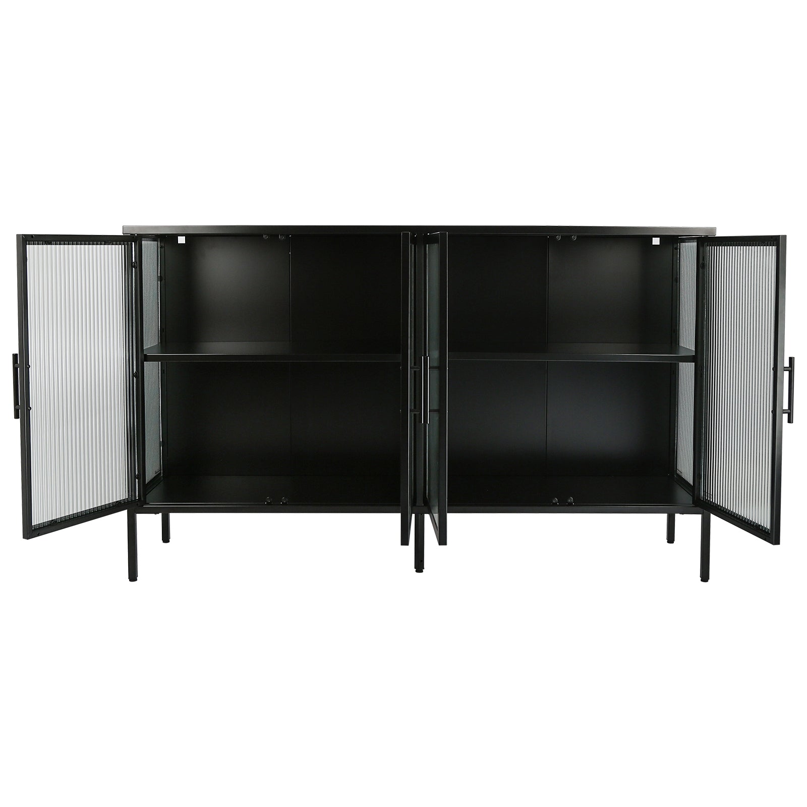 Stylish 4 Door Tempered Glass Cabinet With 4 Glass Doors Adjustable Shelf And Feet Anti Tip Dust Free Fluted Glass Kitchen Credenza Black Black Tempered Glass Sheet Metal Plastic