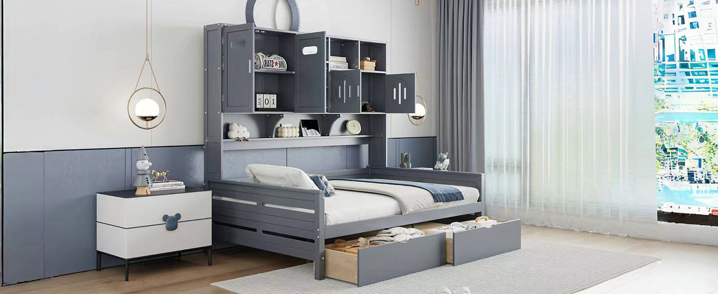 Full Size Wooden Daybed With 2 Drawers, And All In One Cabinet And Shelf, Gray Full Gray Wood