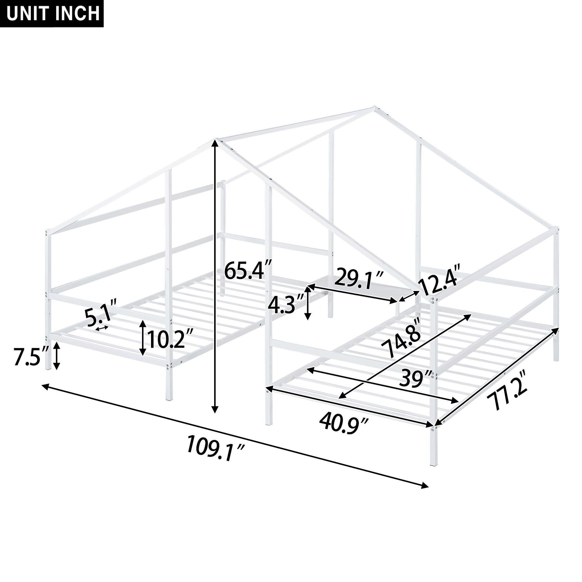 Metal Double Twin Size Triangular House Beds With Built In Table, White Box Spring Not Required Twin White Metal Metal