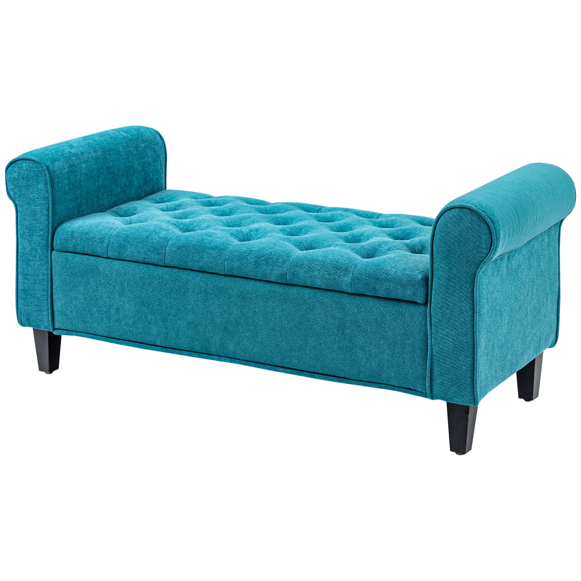 Homcom 50" Storage Ottoman Bench, Upholstered End Of Bed Bench With Rolled Arms, Wood Legs, Button Tufted Storage Bench With Safety Hinges For Living Room, Entryway, Bedroom, Teal Teal Wood