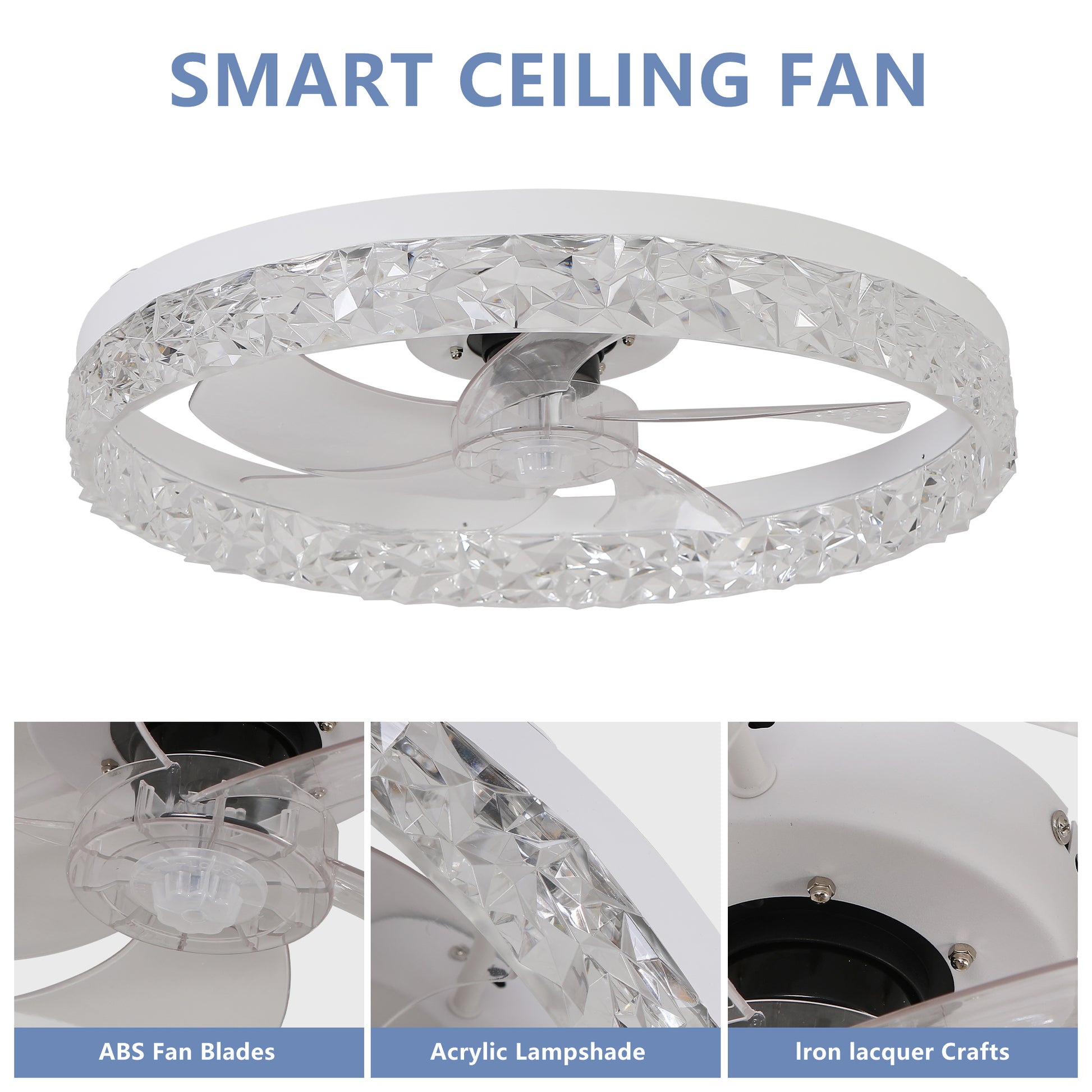 Modern Acrylic Ceiling Fan Light With Remote Control, Dimmable Led Chandelier, 6 Speed Adjustable, Quiet Motor, Flush Mount Design For Living Room, Bedroom, Dining Room White Abs Acrylic