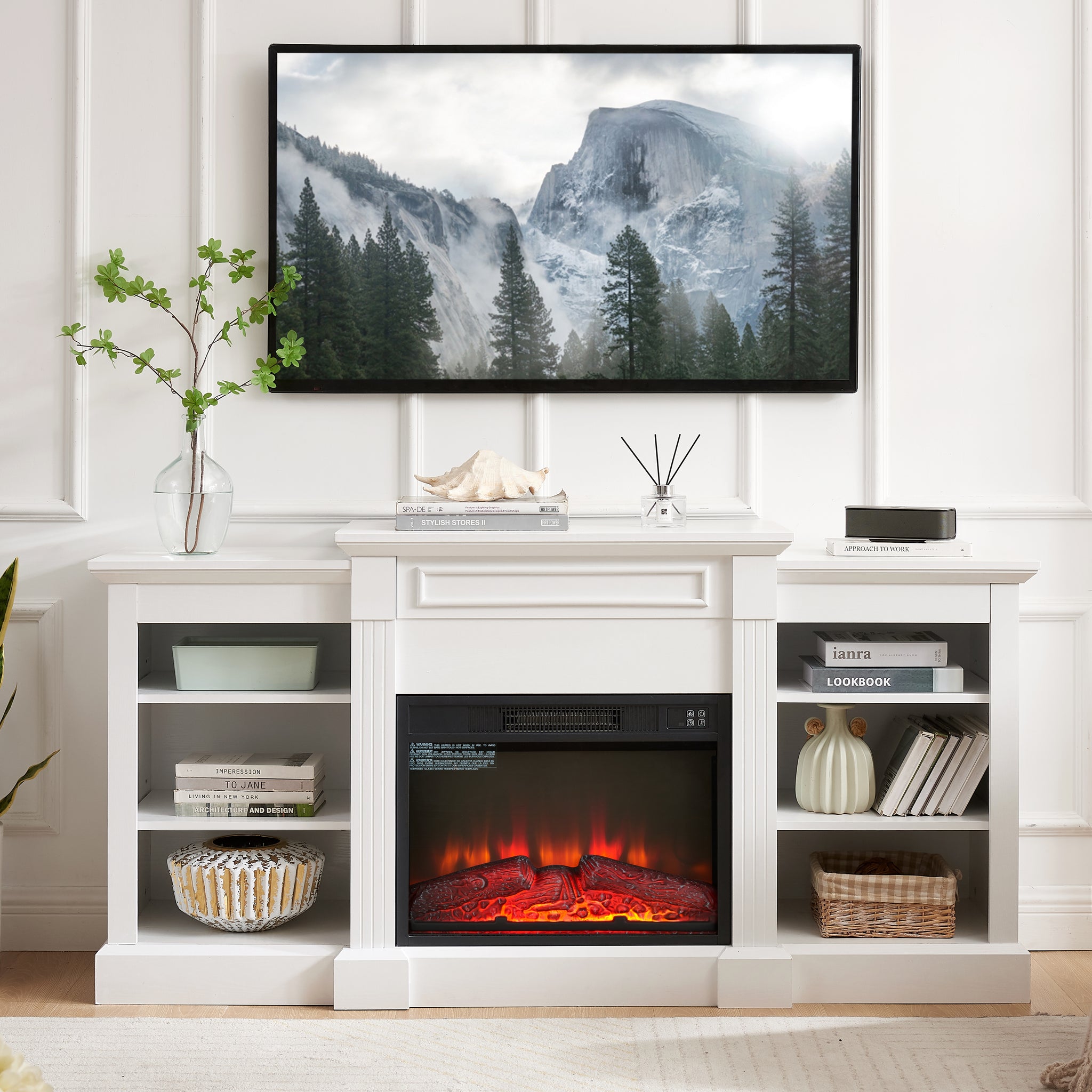 Media Console Table With Large Storage Cabinet, With 23" Fireplace Insert, For Tv Up To 70'', Modern Tv Media Entertaionment Stand, White, 65.75"W*17"D*32.48"H White 39 Inches Or Less Mdf