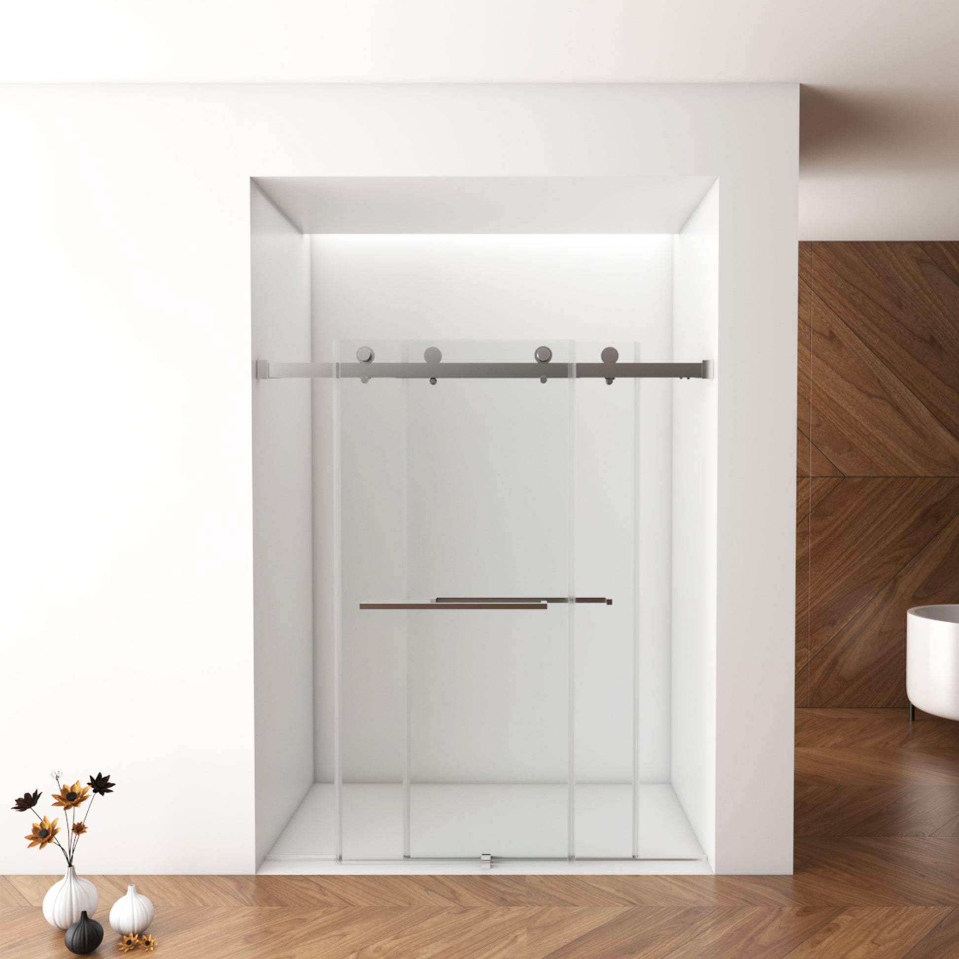 56" 60"W X 76"H Frameless , Double Sliding , With Premium 3 8'' 10Mm Thick Tempered Glass Shower Enclosure,Double Side Easy Clean Coat,Brushed Nickel Finished With Buffer Brushed Nickel Bathroom American Design Stainless Steel