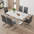 Table And Chair Set, Modern Dining Table, Imitation Marble White Top And Silver Legs, Soft And Comfortable Dining Chair, Perfect For Dinner, Meetings, Home And Office Decor Grey Silver Glass Metal