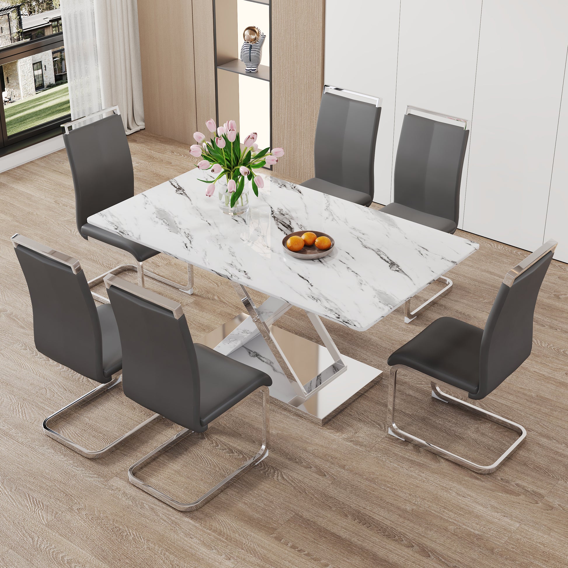 Table And Chair Set, Modern Dining Table, Imitation Marble White Top And Silver Legs, Soft And Comfortable Dining Chair, Perfect For Dinner, Meetings, Home And Office Decor Grey Silver Glass Metal