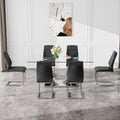 Table And Chair Set.Contemporary, Minimalist Rectangular Dining Table Featuring A Clear Tempered Glass Top And Sleek Silver Legs. Paried With Chairs Made Of Pu Material Cushion And Silver Metal Legs. Black Seats 6 Glass Metal