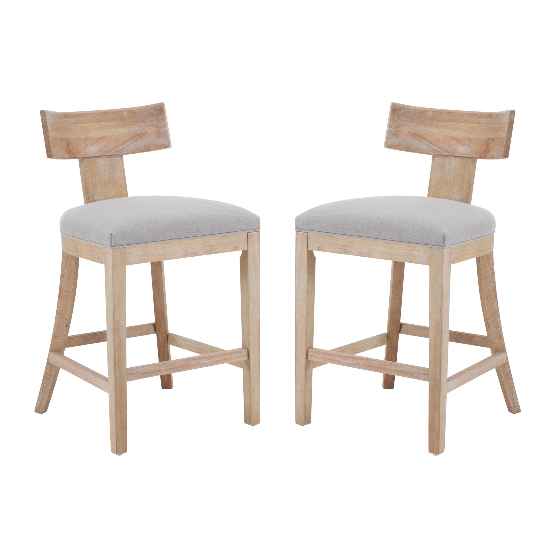 27" Counter Stools Set Of 2, Upholstered Counter Height Bar Stools With Solid Rubber Wood Frame, Backrest, Footrest, Armless Barstools For Home Bar, Kitchen Counter, Pebble Linen & Natural Natural Rubberwood Set Of 2 Fabric