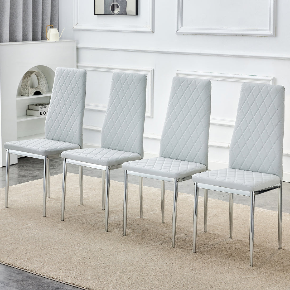 4 Piece Set Of Checkered Armless High Back Dining Chairs, Office Chairs. Suitable For Restaurants, Living Rooms, Kitchens, And Offices. Light Gray Chairs And Electroplated Metal Legs 0924 Light Gray Pu