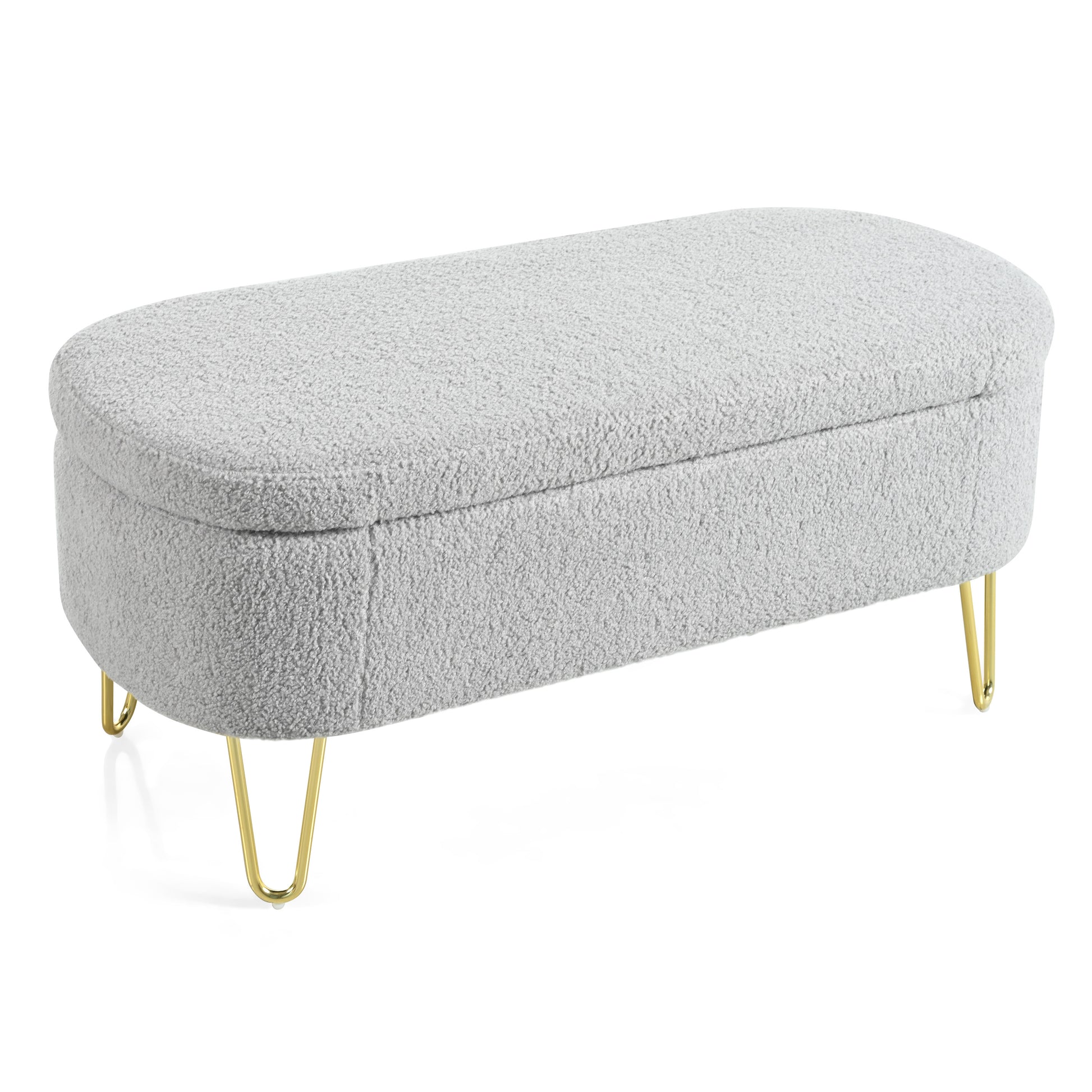 Oval Storage Bench For Living Room Bedroom End Of Bed, Upholstered Storage Ottoman Entryway Bench With Metal Legs,Grey Wood Primary Living Space Solid Grey Pine With Storage Grey Polyester Polyester Or Polyester Blend Backless Modern Oval Flip Top