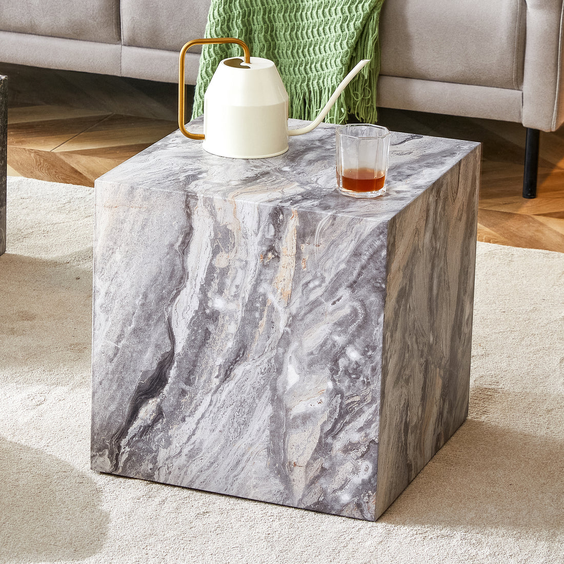 Elevate Your Living Space With This Modern Mdf Coffee Table, Which Showcases Gray Textured Patterns. It Is Characterized By Stylish Design. Grey Mdf