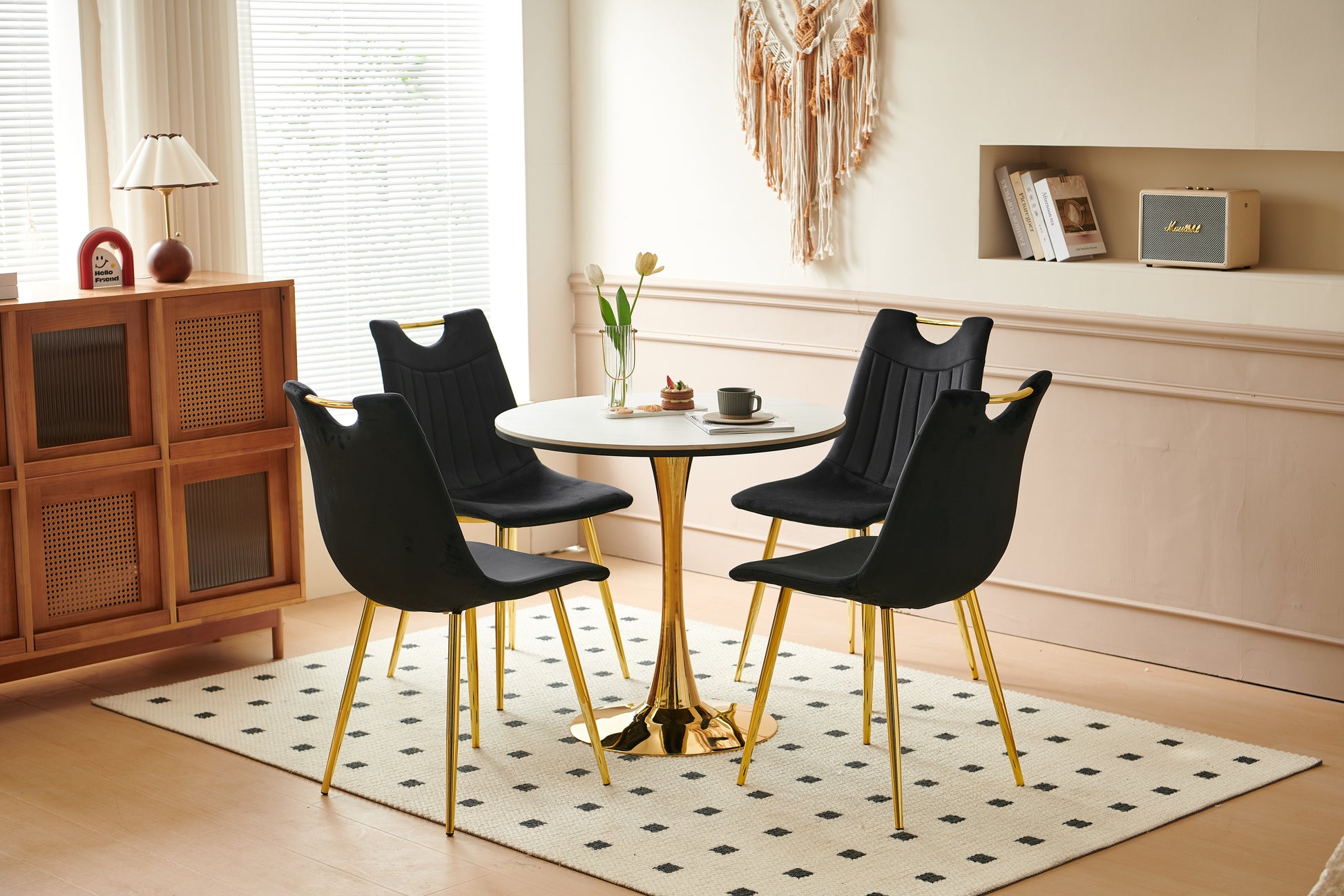 1 4,5Pieces Dining Set, Table Metal Leg Mid Century Dining Table For 4 6 People With Mdf Table Top, Pedestal Dining Table, End Table Leisure Coffee Table Gold Black Mdf Metal