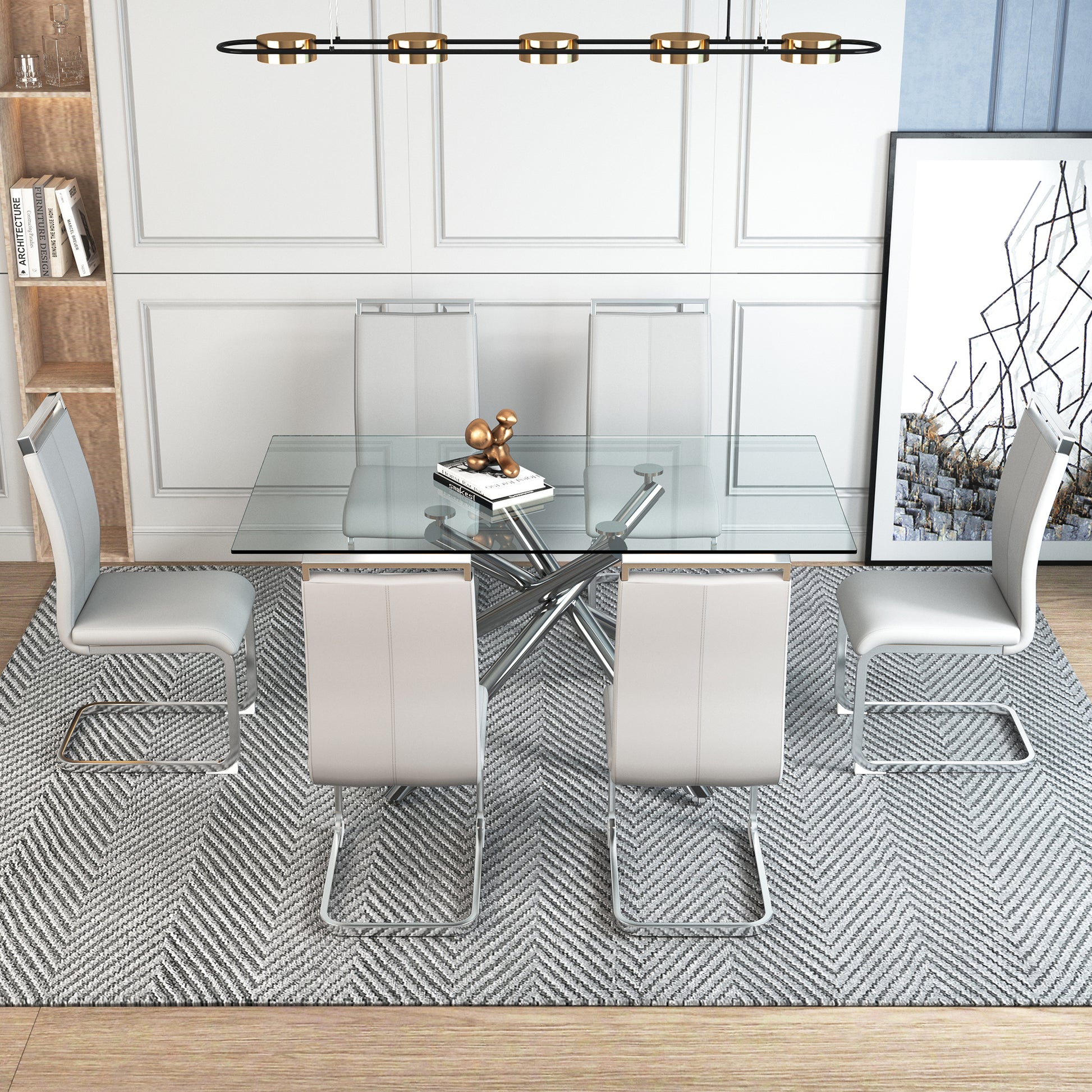 Table And Chair Set.Modern Luxurious Transparent Tempered Glass Dining Table Set.Paried With 6 Light Gray Chairs With Pu Cushion And Silver C Tube Metal Legs. Light Gray,Transparent Seats 6 Glass