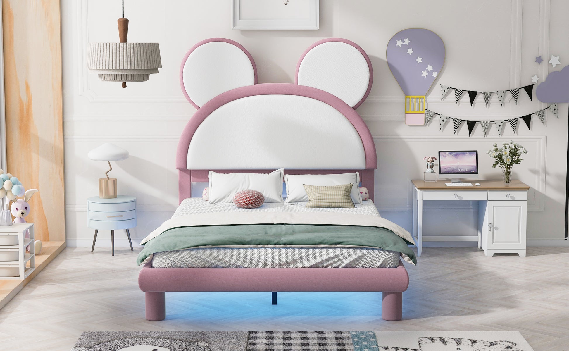Full Size Upholstered Platform Bed With Cartoon Ears Shaped Headboard And Led, White&Pink Box Spring Not Required Full White Pink Bedroom Bed Frame Faux Leather Upholstered