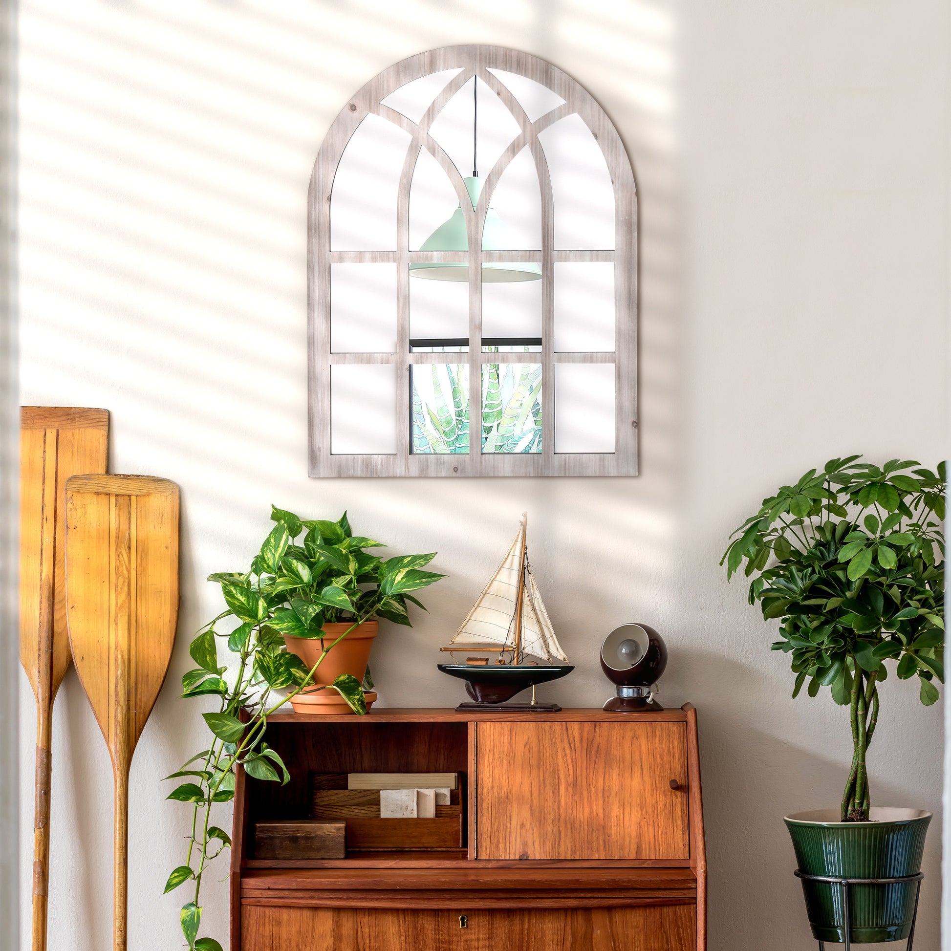 Homcom 41" X 31.5" Large Rustic Wall Mirror, Arch Window Mirror For Wall Decor In Living Room, Bedroom, Entryway, Natural Natural Wood Mdf