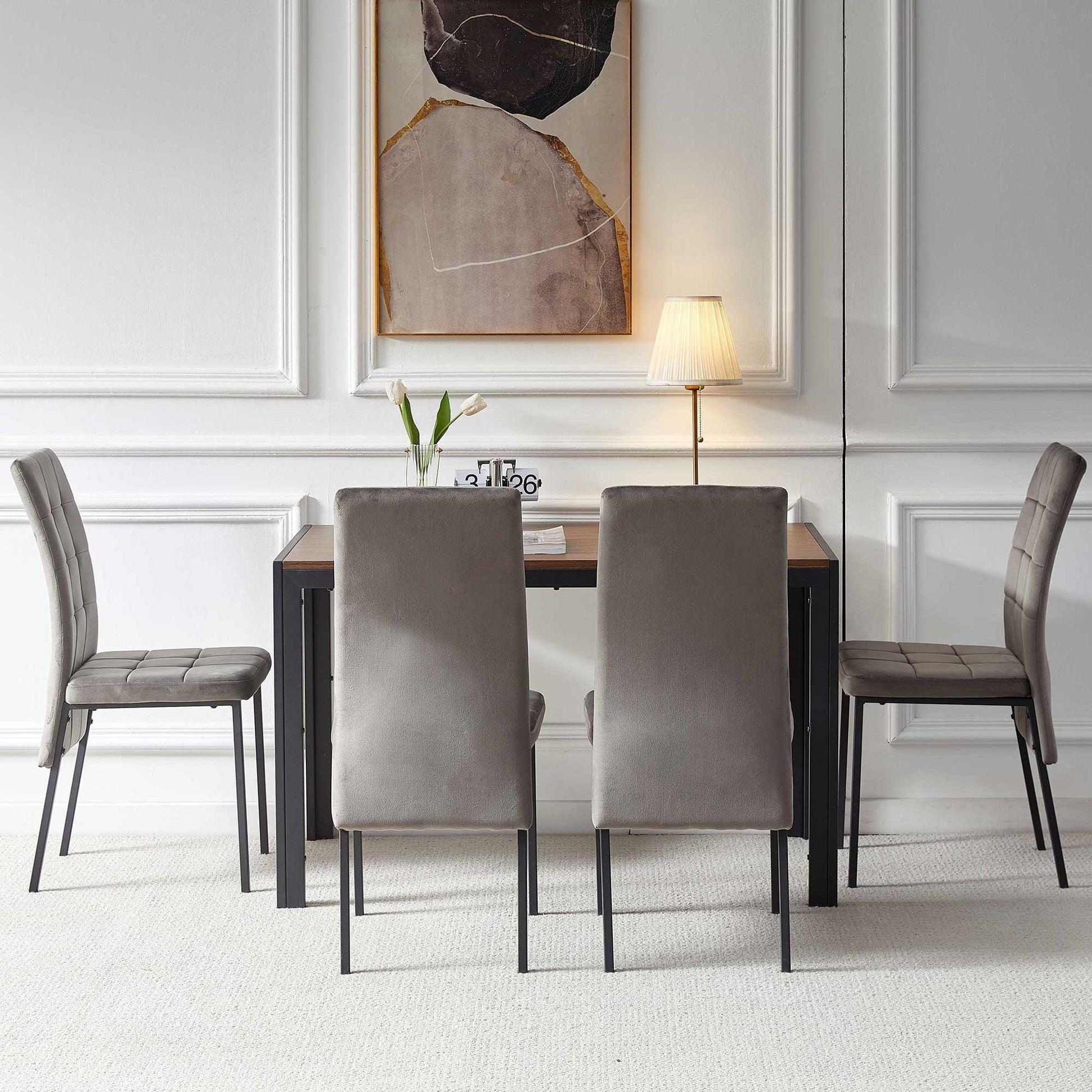 5 Piece Dining Set Including Grey Velvet High Back Nordic Dining Chair & Creative Design Mdf Dining Table Walnut Solid Back Seats 4 Brown Metal Dining Room Modern Foam Dining Table With Chair Mdf