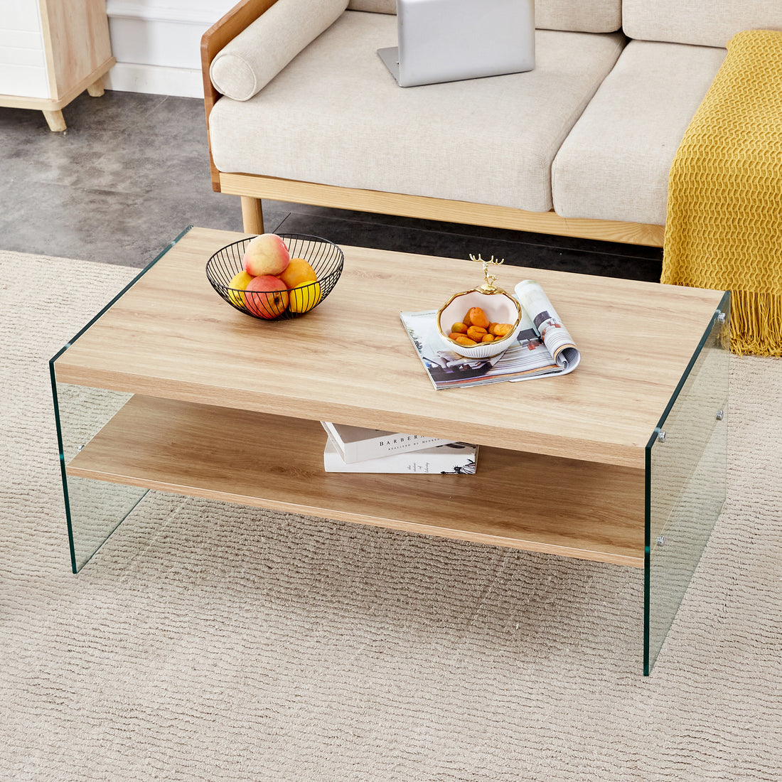 Double Layered Rectangular Coffee Table.The Board Is Made Of Mdf With Wooden Stickers, With Transparent Tempered Glass On Both Side.Suitable For Various Occasions Such As Living Rooms And Bedrooms. Wood Mdf Glass