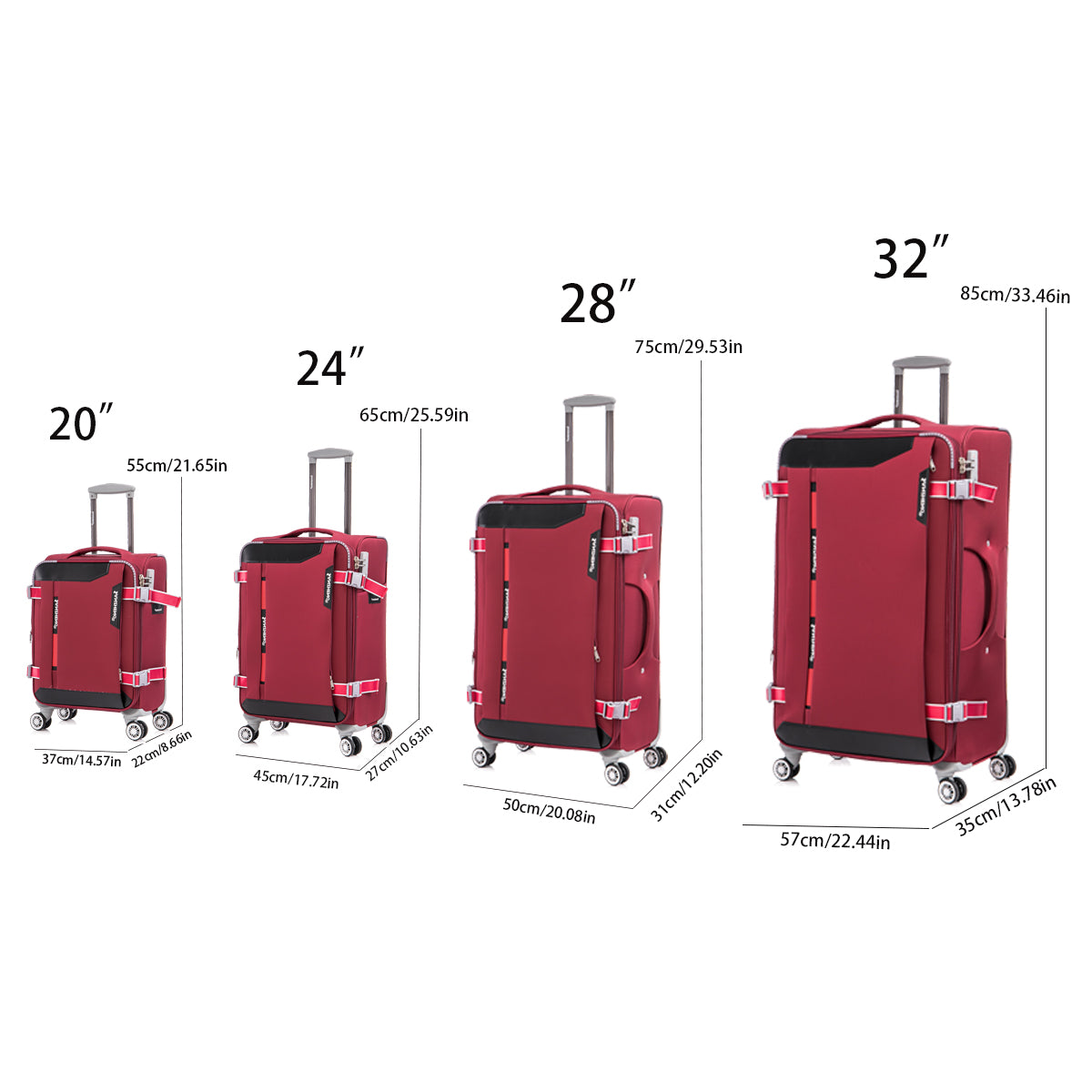 Softside Upright Luggage Set Expandable, Lightweight,4 Piece 20 24 28 32 Claret Red Fabric