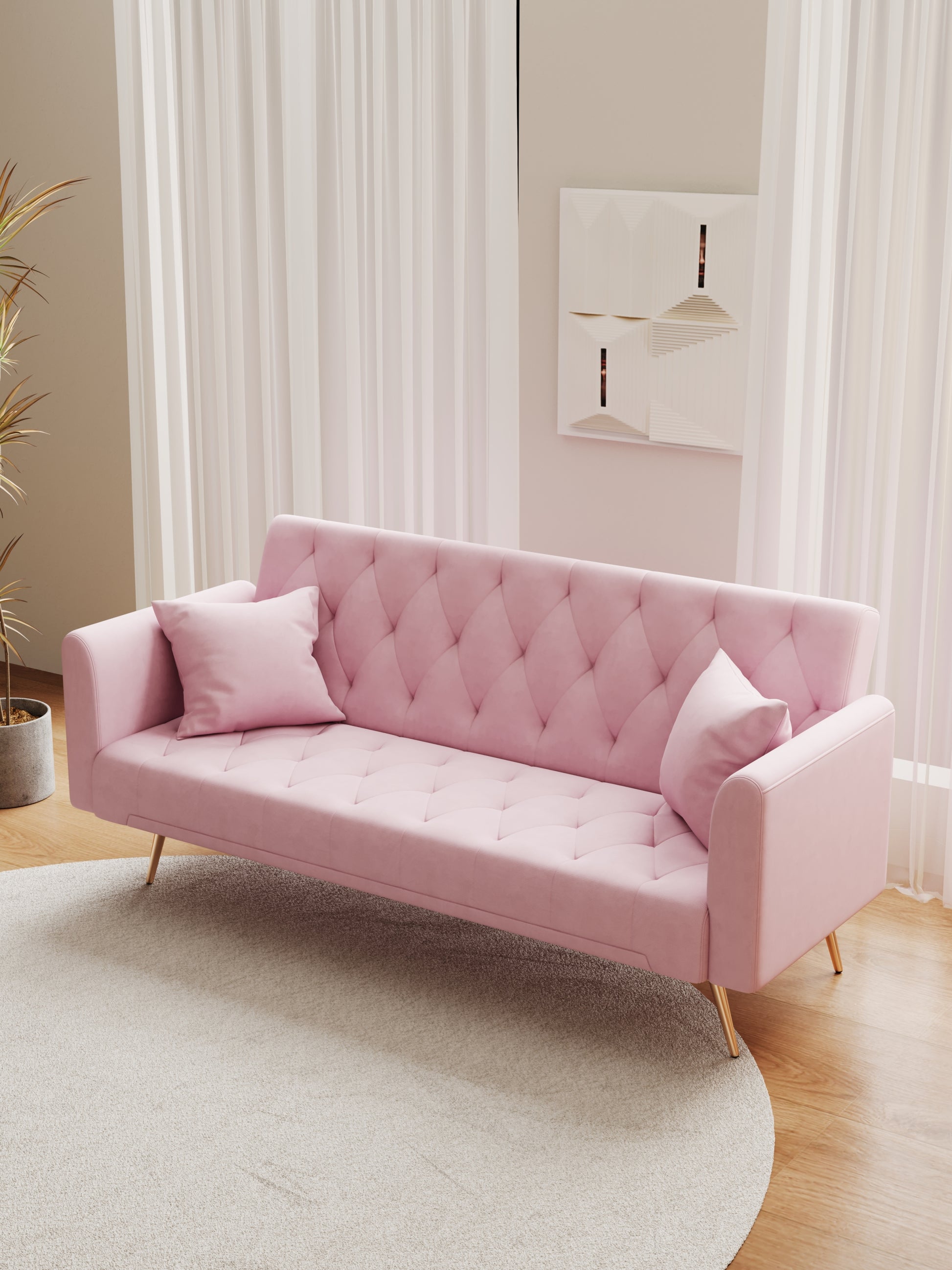 71 Inch Convertibleseat Sofa, American Retro Pink Velvet, Suitable For Small Living Room, Bedroom, Office Pink Velvet 2 Seat