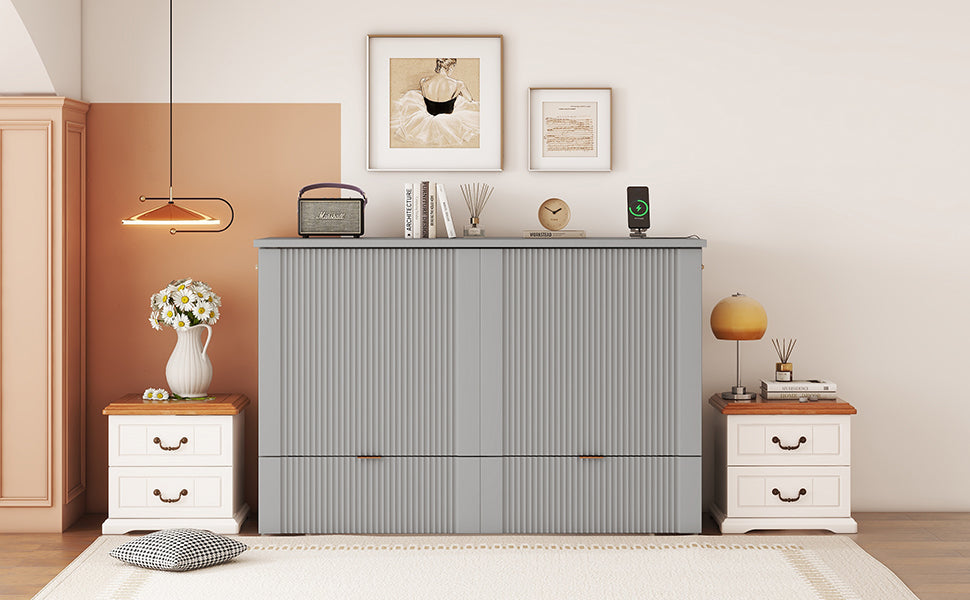 Full Size Murphy Bed With Drawer And A Set Of Sockets & Usb Ports, Pulley Structure Design, Gray Full Gray Plywood