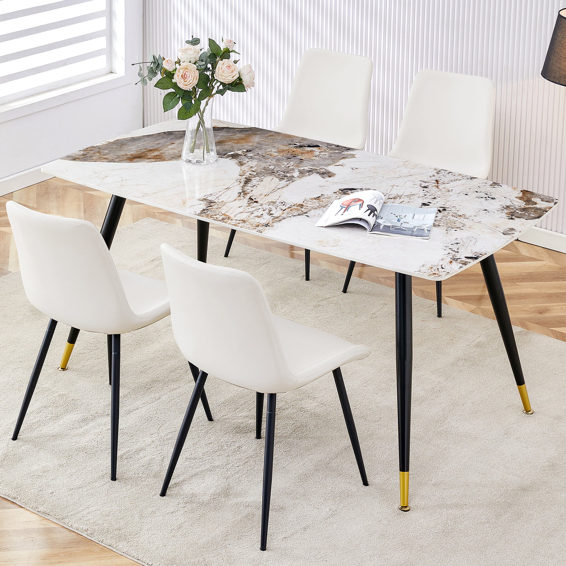 Table And Chair Set, Imitation Marble Texture Rock Board Table Top, Black Metal Table Legs. Paired With 4 White Artificial Leather Backrest Cushion Dining Chairs With Black Metal Legs. White Black Seats 4 Metal