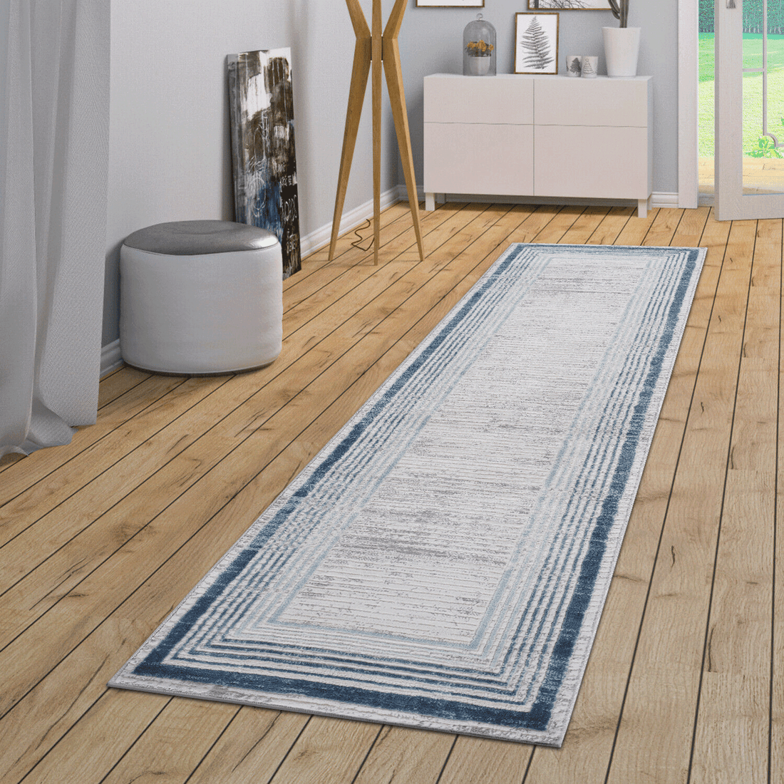 2X8 Blue Ivory Bordered Non Shedding Living Room Bedroom Dining Home Office Stylish And Stain Resistant Area Rug Blue Polyester