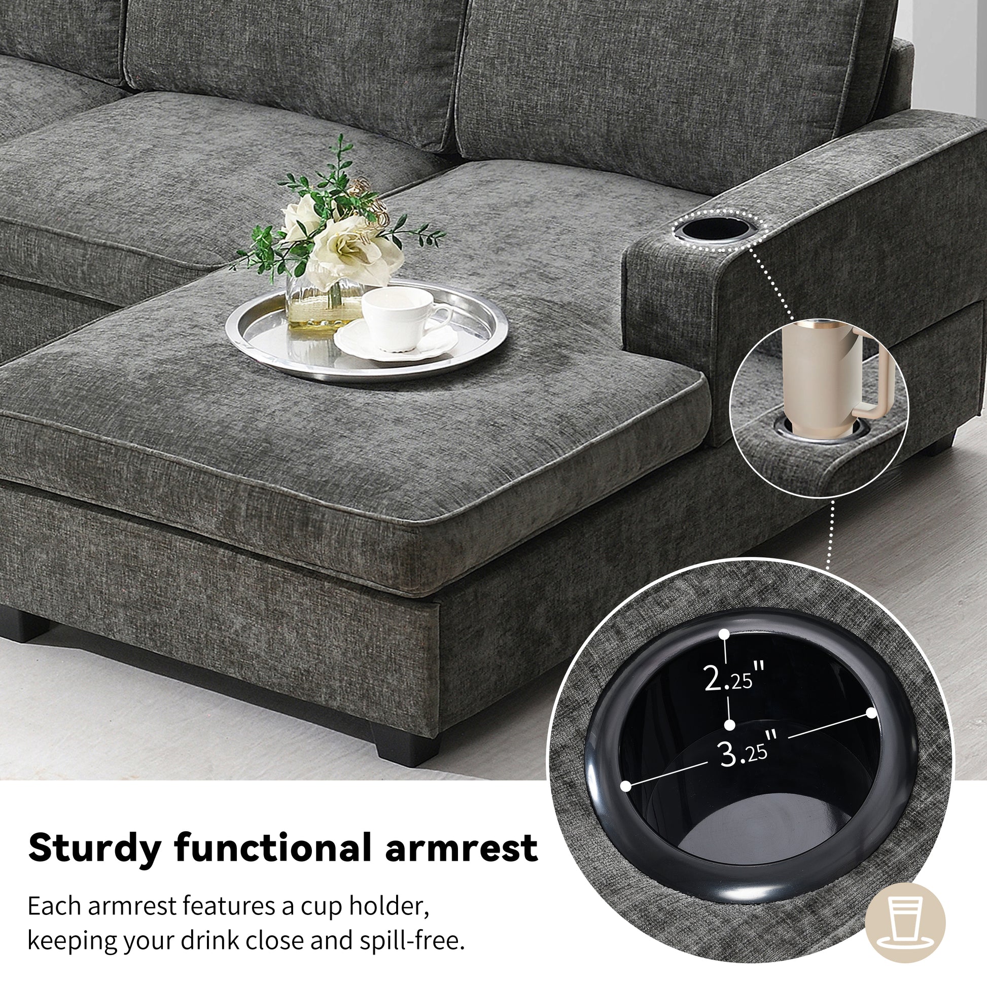 119*67" U Shaped Sectional Sofa,6 Seat Chenille Couch Set With Oversized Chaise Lounge,Irregular Corner,Deep Seat Comfy Sofa With Cup Holders For Living Room,Apartment,2 Colors Dark Gray Chenille 6