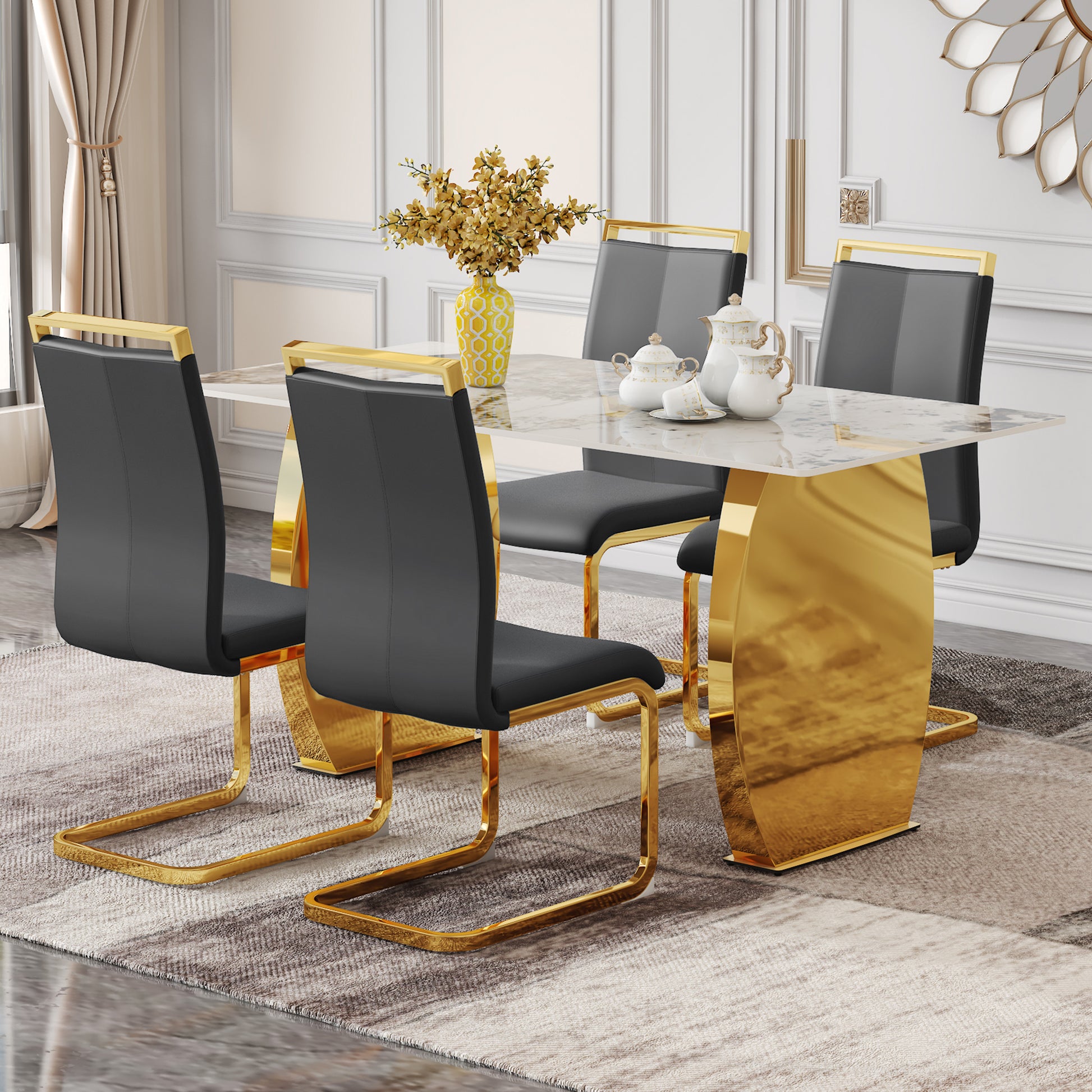 Table And Chair Set, Rock Plate Table Top, Gold Metal Table Legs, Stable And Beautiful, Suitable For Most Home Styles. Modern Simple Dining Table, Comfortable Seating. Grey Gold Seats 4 Sintered Stone