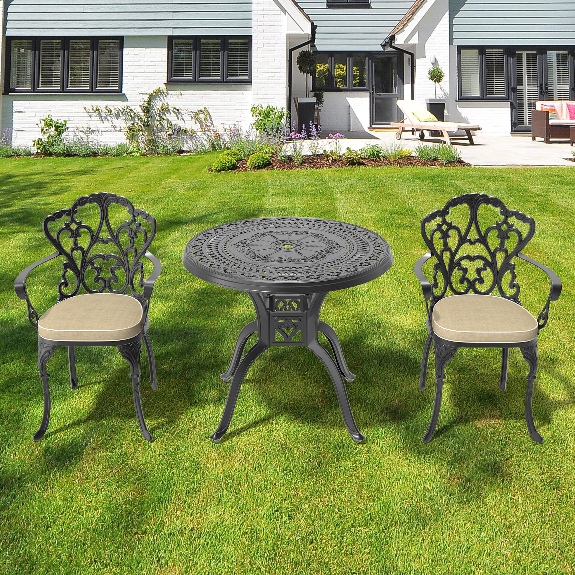 Cushions In Random Colors 3 Piece Set Of Cast Aluminum Patio Furniture With Cushions Yes Complete Patio Set Black Seats 2 Rust Resistant Frame Water Resistant Cushion Garden & Outdoor Complete Patio