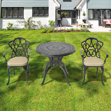 Cushions In Random Colors 3 Piece Set Of Cast Aluminum Patio Furniture With Cushions Yes Complete Patio Set Black Seats 2 Rust Resistant Frame Water Resistant Cushion Garden & Outdoor Complete Patio