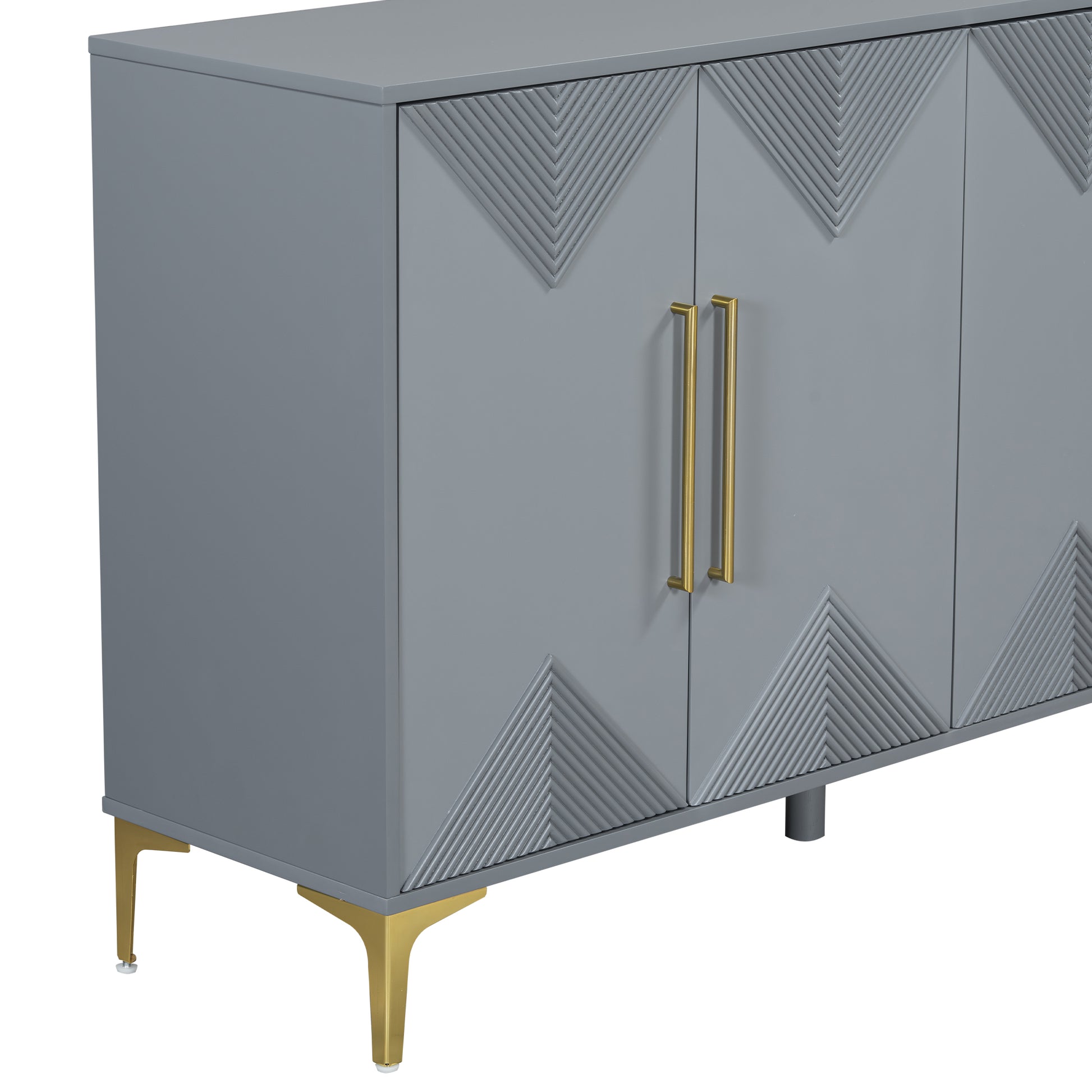 Unique Features Of A Four Door Cabinet With Two Tone Triangular Pattern Doors, Suitable For Entryway, Hallway, Living Room 3 4 Spaces Grey Primary Living Space Adjustable Shelves Artsy,Contemporary Mdf