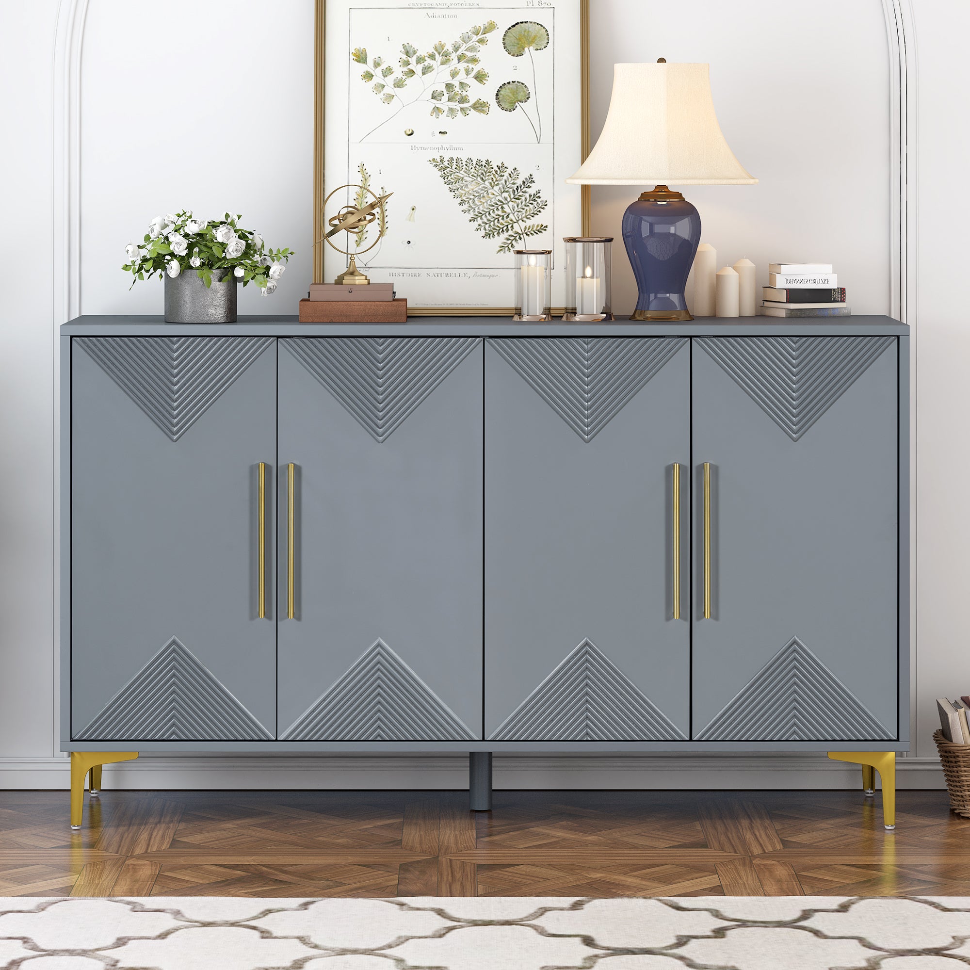 Unique Features Of A Four Door Cabinet With Two Tone Triangular Pattern Doors, Suitable For Entryway, Hallway, Living Room 3 4 Spaces Grey Primary Living Space Adjustable Shelves Artsy,Contemporary Mdf