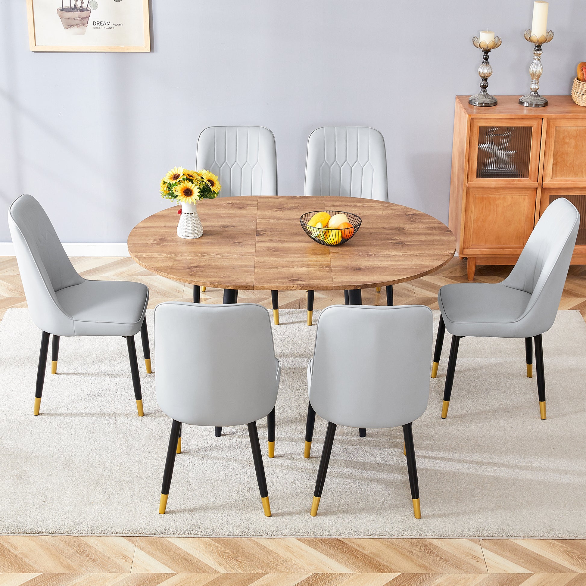 Table And Chair Set.Modern Extendable Wood Mdf Dining Table.The Table Has A Telescopic Design, Suitable For Gatherings Of Different Size.Paired With 6 Chairs With Pu Cushions And Black Metal Legs. Light Gray,Wood Seats 6 Mdf Metal