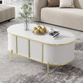 Modern Luxury Oval Shaped Fluted Coffee Table, Marble Patterned Top Coffee Table With 2 Cabinets, Metal Legs And Handles For Living Room, White Date Of Expected Arrival: 11.20 White Mdf