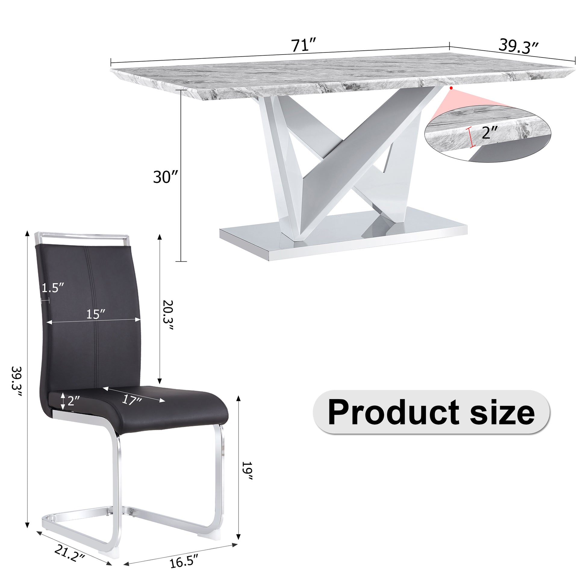 1 Table And 8 Chairs Set.Modern Grey Mdf Faux Marble Dining Table With Double V Shaped Supports.Paired With 8 Modern Pu Artificial Leather Soft Cushion With Silver Metal Legs.F Vv,C 1162 Gray Seats 8 Mdf Metal