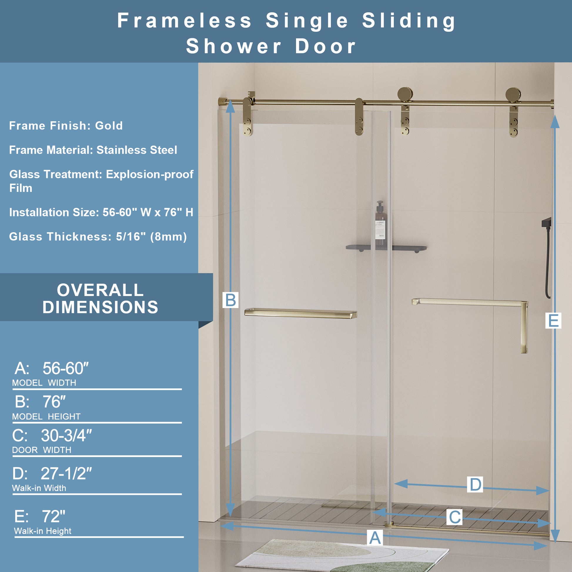 56 60 In. W X 76 In. H Frameless Shower Door, Single Sliding Shower Door, 5 16" 8Mm Clear Tempered Glass Shower Door With Explosion Proof Film, Stainless Steel Hardware, Gold 24D210 60G Combo Gold Tempered Glass