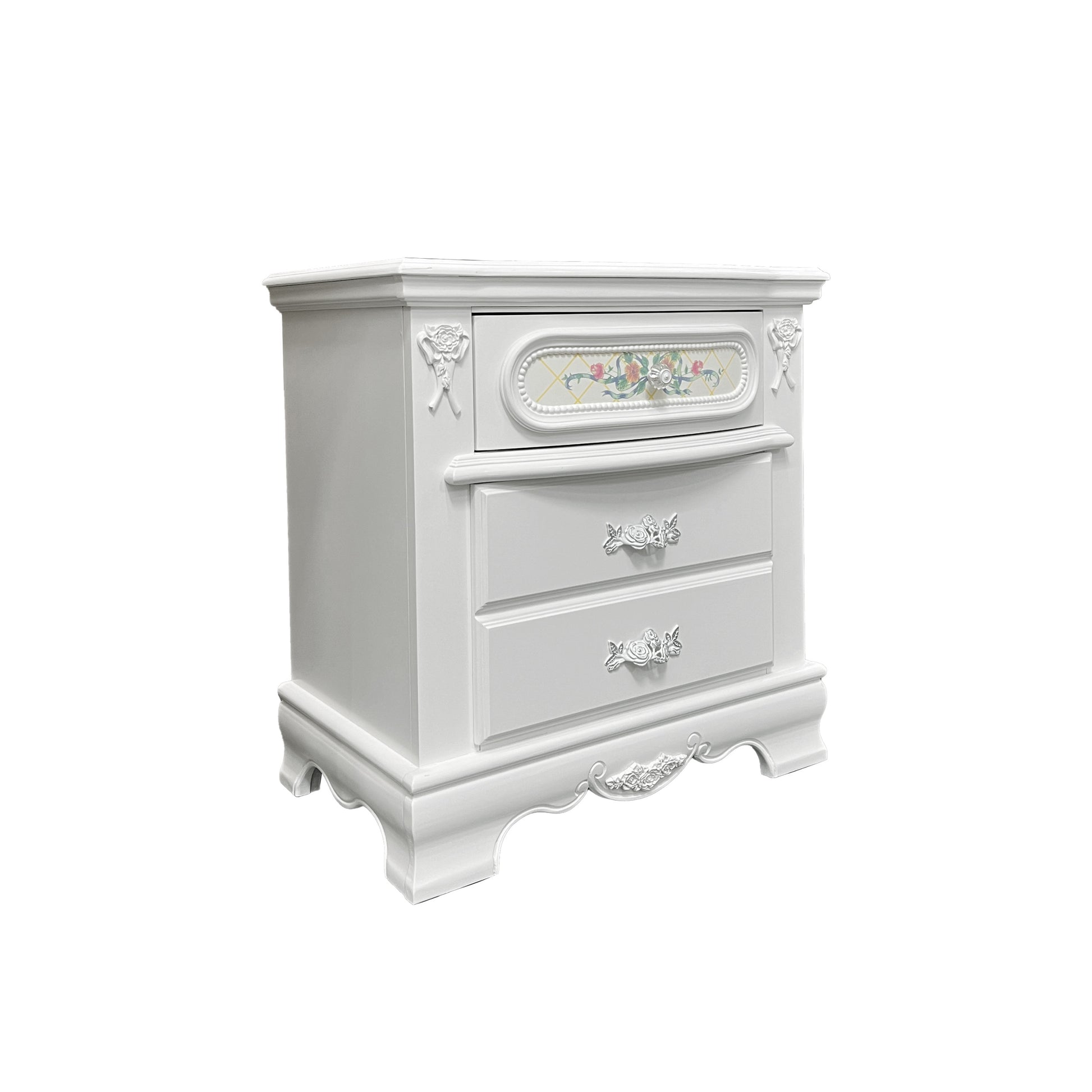 White 2 Drawer Nightstand With Floral Motifs White 3 Drawers Bedroom Rectangle Felt Lined Drawers White Wood