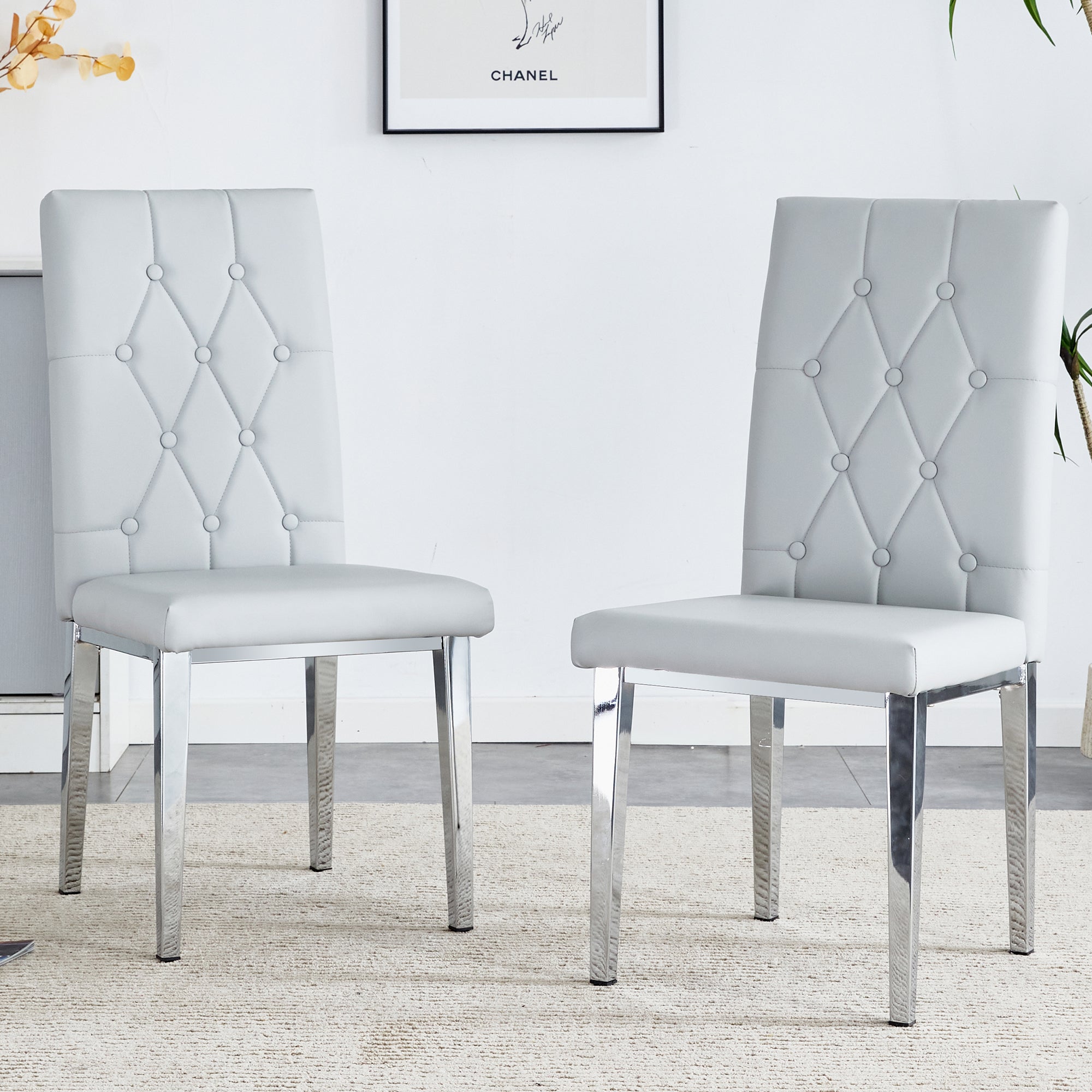 2 Piece Dining Chairs.Light Gray Provides A Modern Feel, While The Checkered Buckle Design Has A Traditional And Classic Touch. Suitable For Various Occasions Such As Kitchens,Conference Rooms, Etc. Light Gray Pu