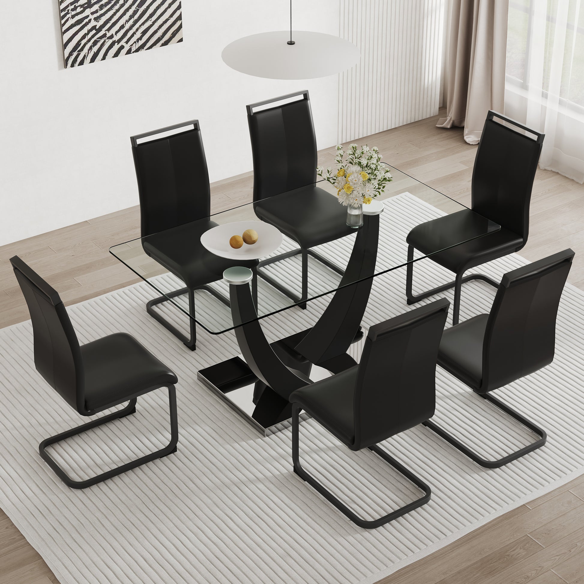 Table And Chair Set.Large Rectangular Glass Dining Table, 0.39 "Tempered Glass Countertop And Black Metal Shaped Bracket.Comes With Chairs With Faux Leather Cushions.Suitable For Kitchen, Dining Room. Black Seats 6 Glass Metal