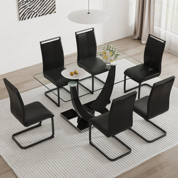 Table And Chair Set.Large Rectangular Glass Dining Table, 0.39 "Tempered Glass Countertop And Black Metal Shaped Bracket.Comes With Chairs With Faux Leather Cushions.Suitable For Kitchen, Dining Room. Black Seats 6 Glass Metal