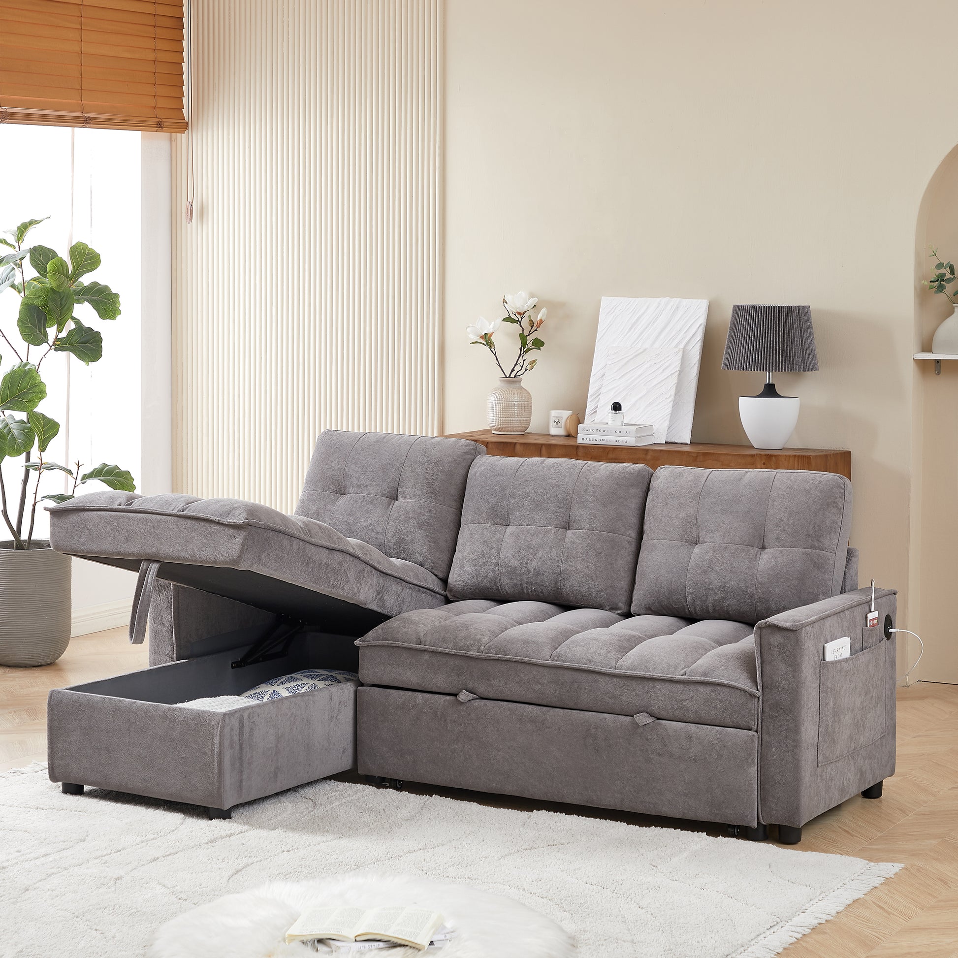 Mh 78.75" Reclining Sofa, Pull Out Sofa Bed With Usb And Tape C Charging Ports, L Shaped Sectional Sofa With Reclining Storage And Arm Side Organizer Pocket Features, Living Room Comfort Sofa Dark Grey Chenille Wood Primary Living Space Eucalyptus Foam