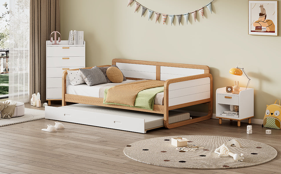Twin Size Solid Wood Daybed With Trundle For Limited Space Kids, Teens, Adults, No Need Box Spring, Walnut And White Box Spring Not Required Twin White Walnut Wood Bedroom Modern Pine Daybeds Wood
