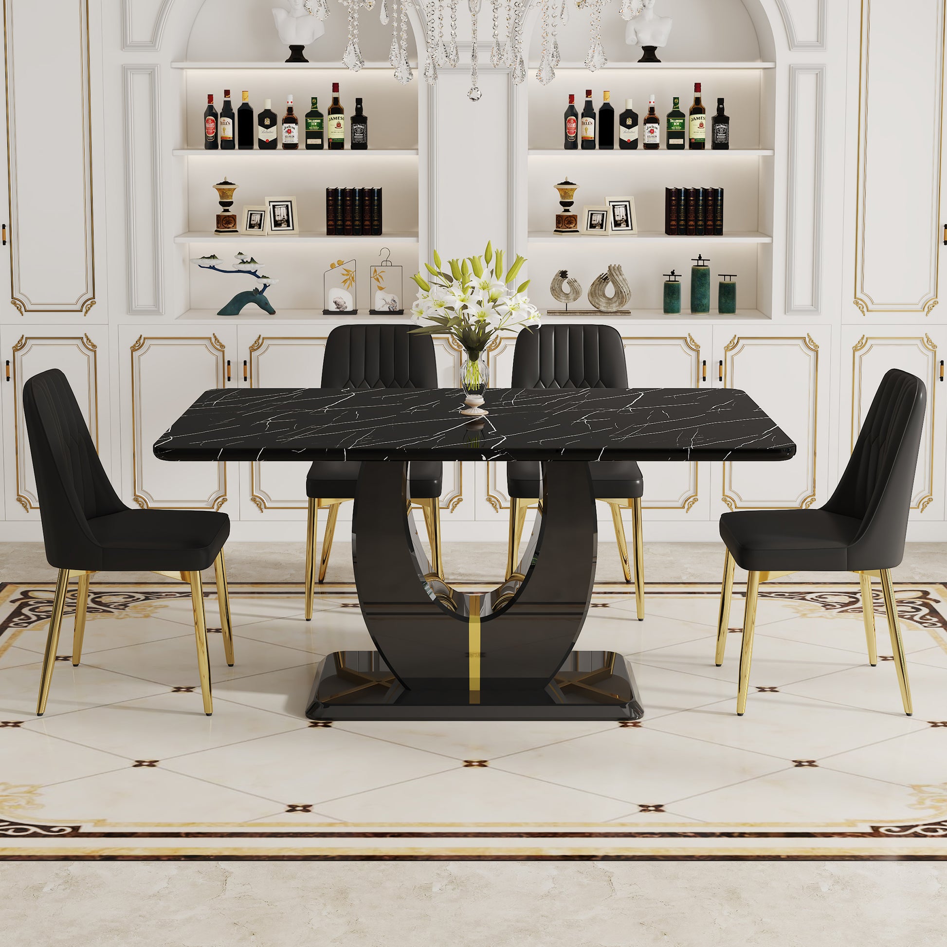 Table And Chair Set.63"W X 37"D X 30"H Black Marble Mdf Diningtable Set With 4 Black Pu Chairs With Gold Metal Legs.Bring A Comfortable Home Experience To The Kitchen, Bedroom, And Office.