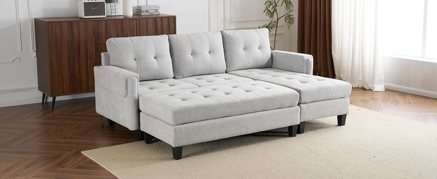 83.4" L Shaped Sofa Sectional Couch Sofa Bed With Two Usb Ports, A Movable Ottoman And A Reversible Chaise Lounge For Living Room, Grey Grey Foam Chenille 5 Seat