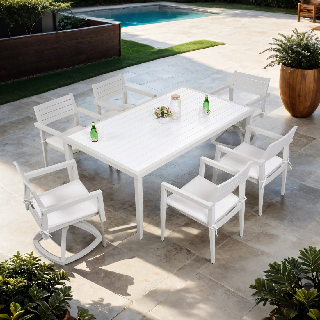 Outdoor Patio Aluminum 40"X70" Two Tone Table Top Rectangle Dining Table With Tapered Feet & Umbrella Hole, Matte White Grayish Dining Set Matte White Grayish Rust Resistant Frame Garden & Outdoor Modern Multiple Chairs Seating Group Aluminum