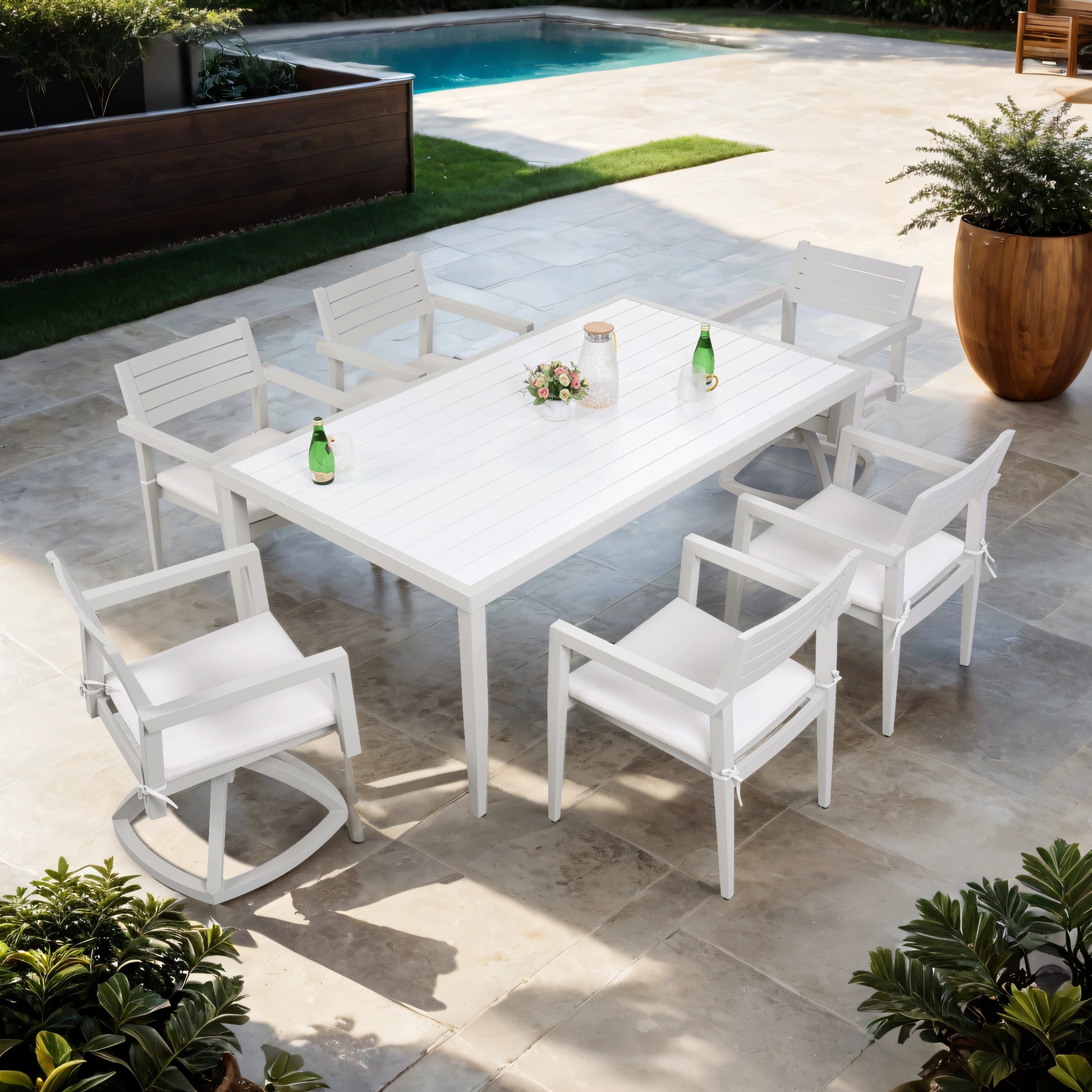 Outdoor Patio Aluminum 40"X70" Two Tone Table Top Rectangle Dining Table With Tapered Feet & Umbrella Hole, Matte White Grayish Dining Set Matte White Grayish Rust Resistant Frame Garden & Outdoor Modern Multiple Chairs Seating Group Aluminum